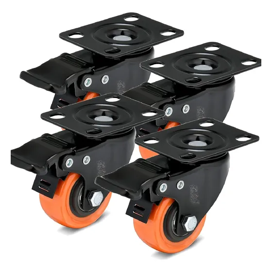 Kit 4 Rodízios Rodas Giratórias Reforçada 400kg Rodinhas Para Moveis Com Trava E Freio Rodízios com Placa Rodas 2" Polegadas 50mm Pvc Ideal Para Moveis Carrinhos Bancadas Cor Laranja Marca Rrj