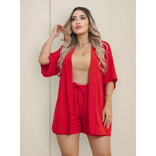 Kimono Conjunto Com Short Saia Não Amassa Estiloso Tendencia