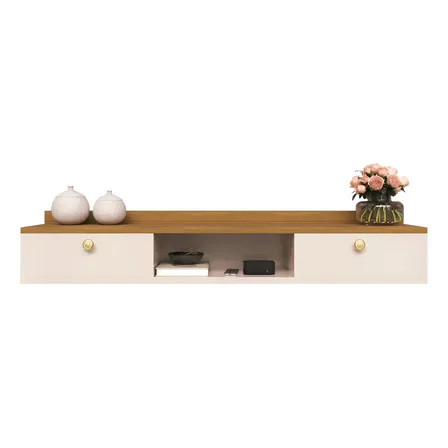 Rack Suspenso Home Para Tv Bancada Flutuante 2 Portas Sala Quarto Off White Canela