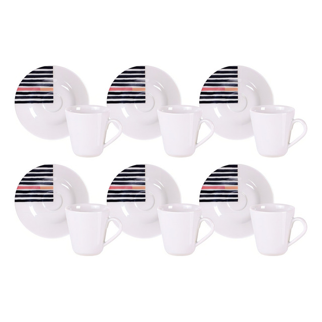 Kit Xícara E Pires De Café Street Em Porcelana Decorada 70 Ml 12 Peças Branco Tramontina