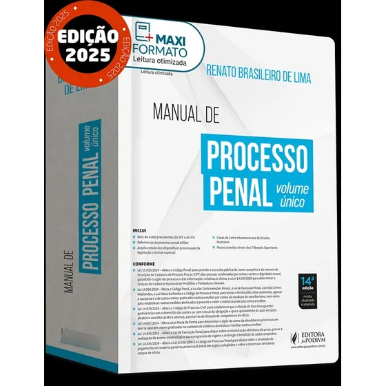 Manual De Processo Penal Volume Unico 14 Edição 2025 Juspodivm