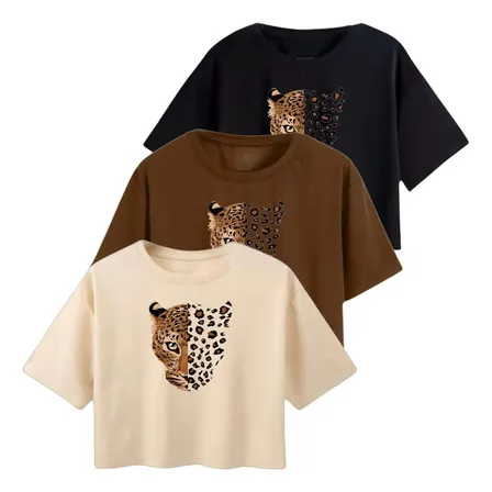 Kit 3 Cropped Feminino Oversized Onça Estampado