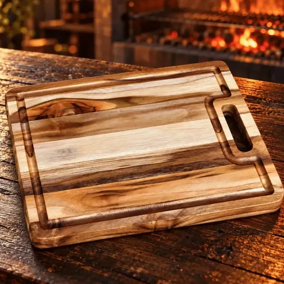 Tábua Churrasco Cozinha Corte Carne Grande 35x28 Madeira Teca com Alça Canaleta Lisa Marrom Brasa Store