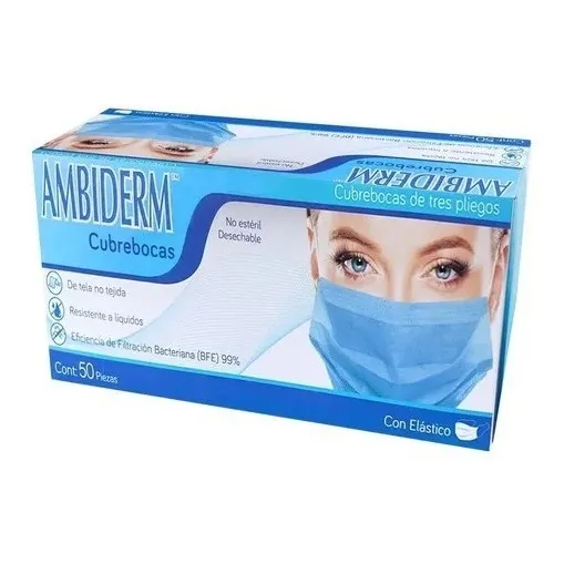 Cubrebocas Ambiderm Polipropileno Caja C/50pz adulto Azul