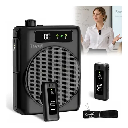Megafone Amplifica Voz Portatil bluetooth Recarregavel USB-C Com Mini Microfone Sem Fio Alca De Ombro Para Professores Aula Palestra Professor Amplificador Voz 50W Cor Preto
