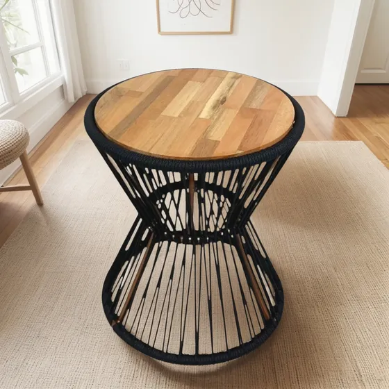 Mesa De Centro Ampulheta Cobre Corda Náutica Preto