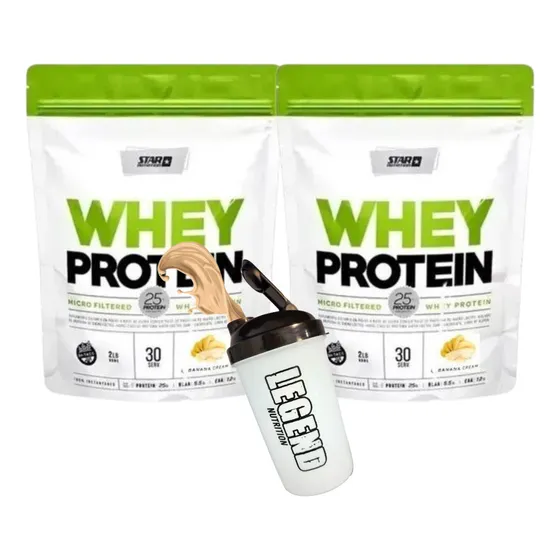 Star Nutrition Whey Protein Proteínas Sabor Banana De 908g Pack X2 + Shaker Legend 600 Ml