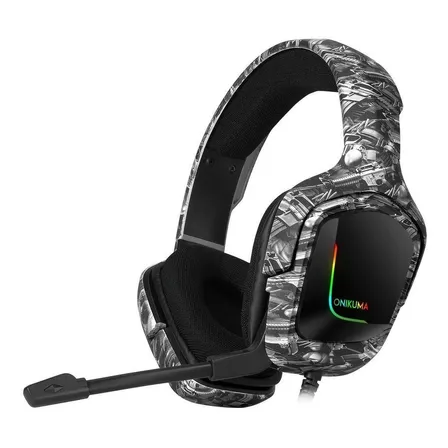 Fone de ouvido over-ear gamer Onikuma K20 camuflagem cinza com luz  rgb LED