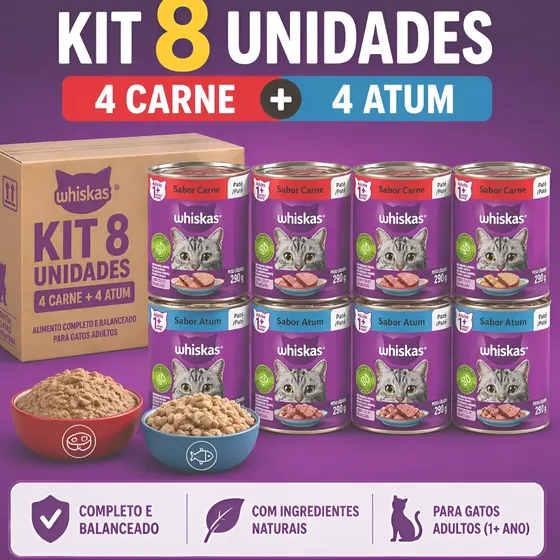Ração Whiskas Sachê Kit 8 Latas Gato Patê Atum E Carne 290g