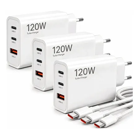 Carregador Turbo 120w Usb Tipo-c + Cabo | Carga Super Rápida 3 Unidades