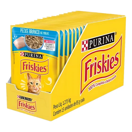 Ração Úmida Gatos Peixe Branco Molho 85g 15 Sachês Friskies