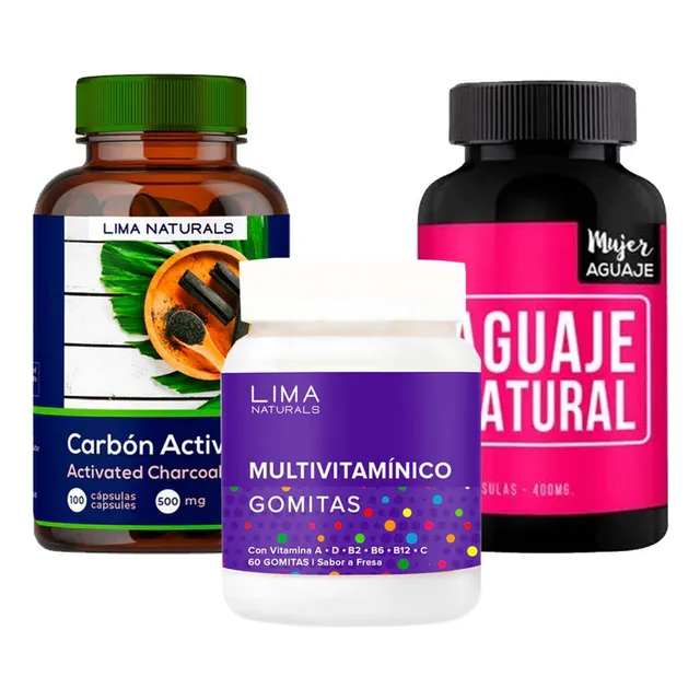 Carbón Activado Cápsulas + Gomitas Multivitamínico + Aguaje 
