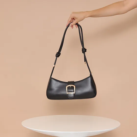 Cartera Mujer Mini Bag Baguette Eco Cuero Con Hebilla Color Negro Correa De Hombro Negro