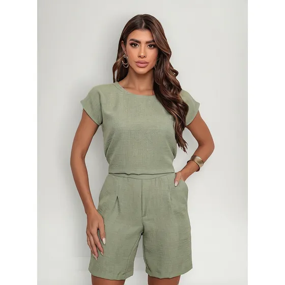 Conjunto Short Blusa Linho Cintura Alta C/ Elástico Feminino