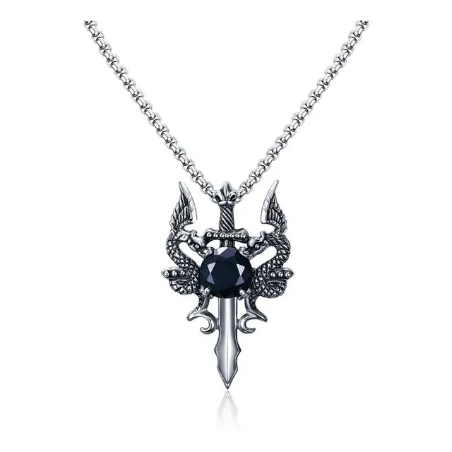 Collar Para Hombre Dije Cruz Doble Dragon Espada Acero Inox.