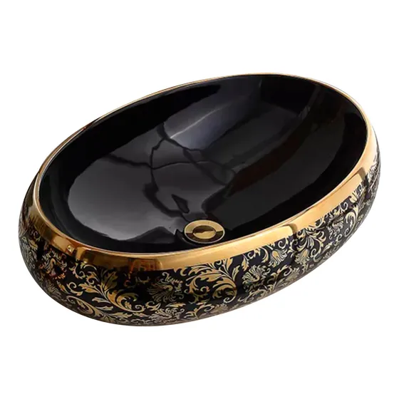 Lavabo Ovalin De Lujo Ceramico Solana Modelo Pandora Negro/Dorado Doble Capa de Pintura Texturizada al Oleo 48 cm de Sobre Encimera