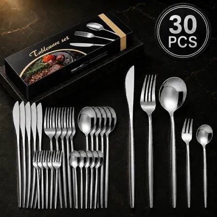 30 Peças Conjunto Talheres Em Aço Inox Garfo Facae Colheres Prateado