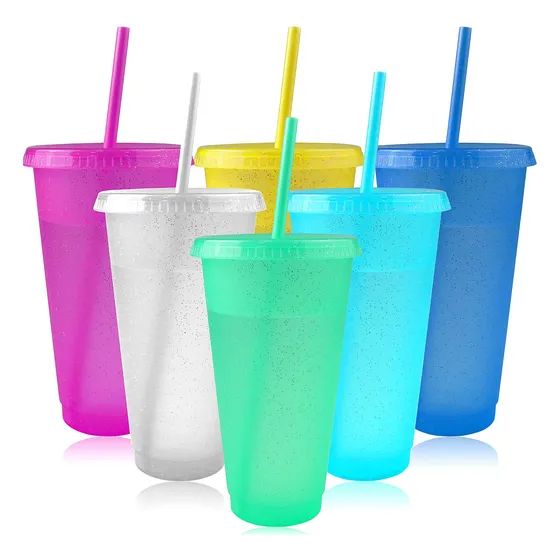 Fyess Juego 6 Vaso Popote Tapa Botella Agua Plastico Taza 24