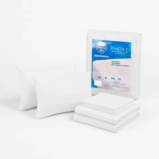 Kit De Descanso Spring Air 2 Almohadas + Protector + Sábanas Blanco Liso King