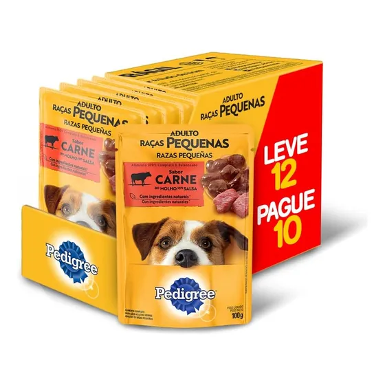 Alimento Pedigree Ração Úmida Pedigree Sachê Carne ao Molho para Cães de Raças Pequenas - Leve 12 Pague 10 para cão adulto de raza pequena sabor carne kit x 12 unidades de 100 g