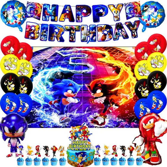 Kit Cotillon Cumpleaños Sonic La Película + Tela De Fondo