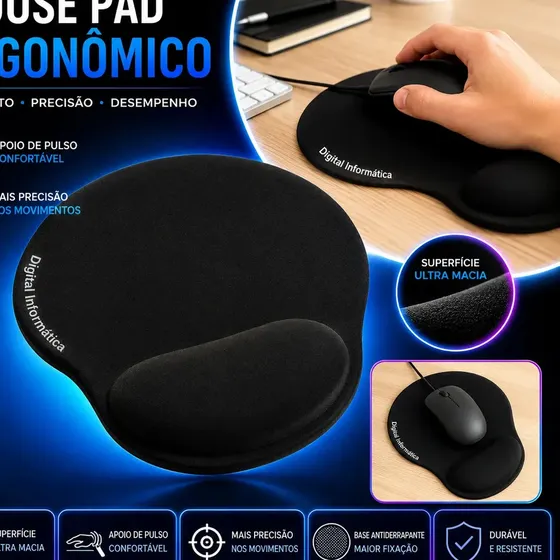 Mouse Pad com Apoio Ergonômico em Gel para Punho Antiderrapante Confortável para Escritório Gamer Estudo Trabalho Cor Preto Digital Informatica