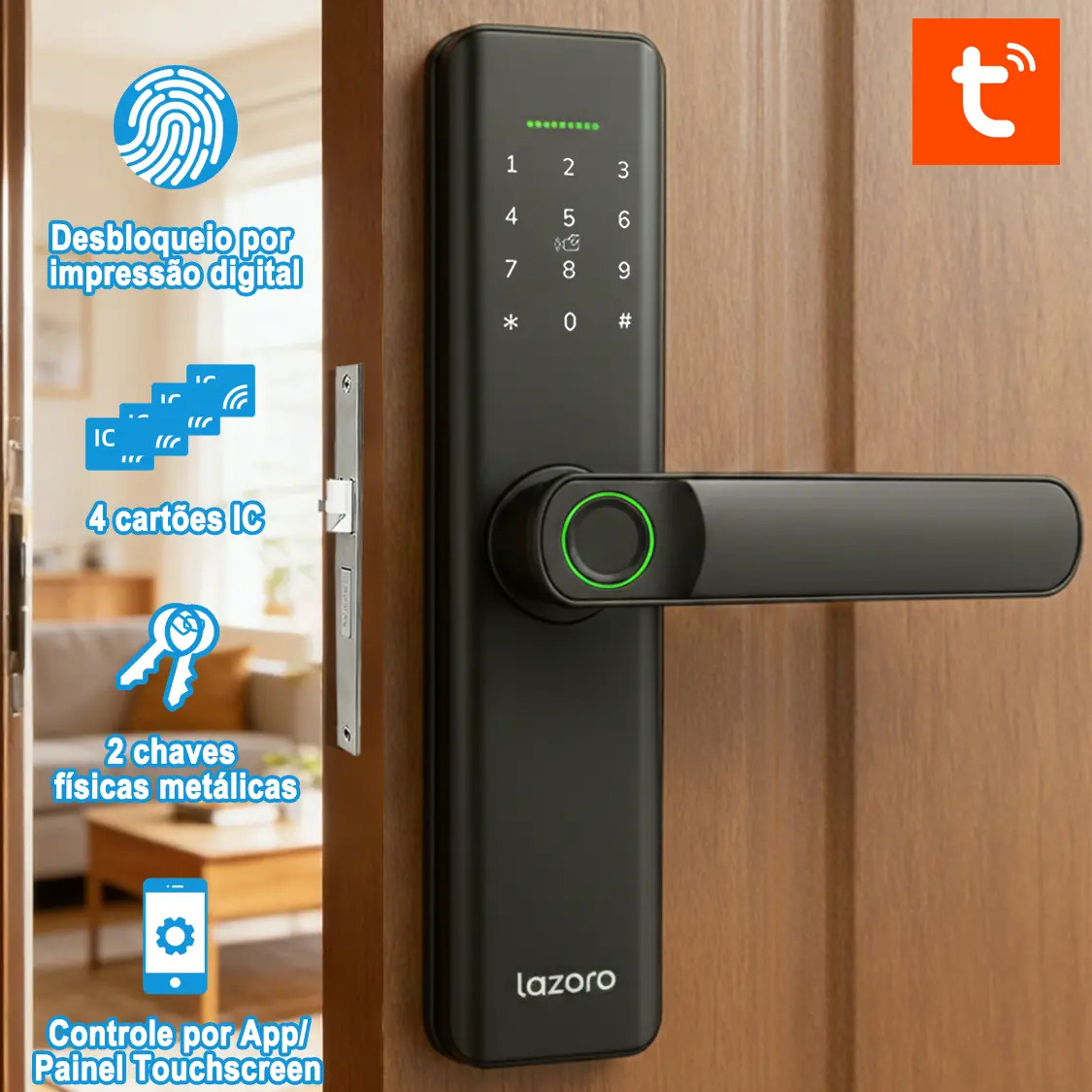 Fechadura eletronica LAZORO com biometria, senha e cartoes IC