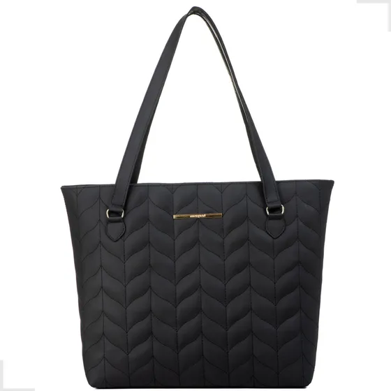 Bolsa Feminina Sacola De Ombro Grande Trabalho Faculdade Acambamento dos ferragens Ouro Cor Preto Desenho do tecido Bordado
