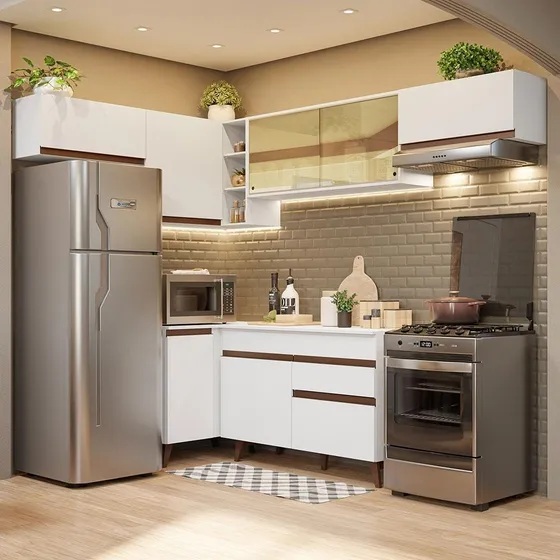 Armário De Cozinha Madesa Completa Modulada de Canto com Balcão para Cooktop 402cm Reims 04 Cor Branco