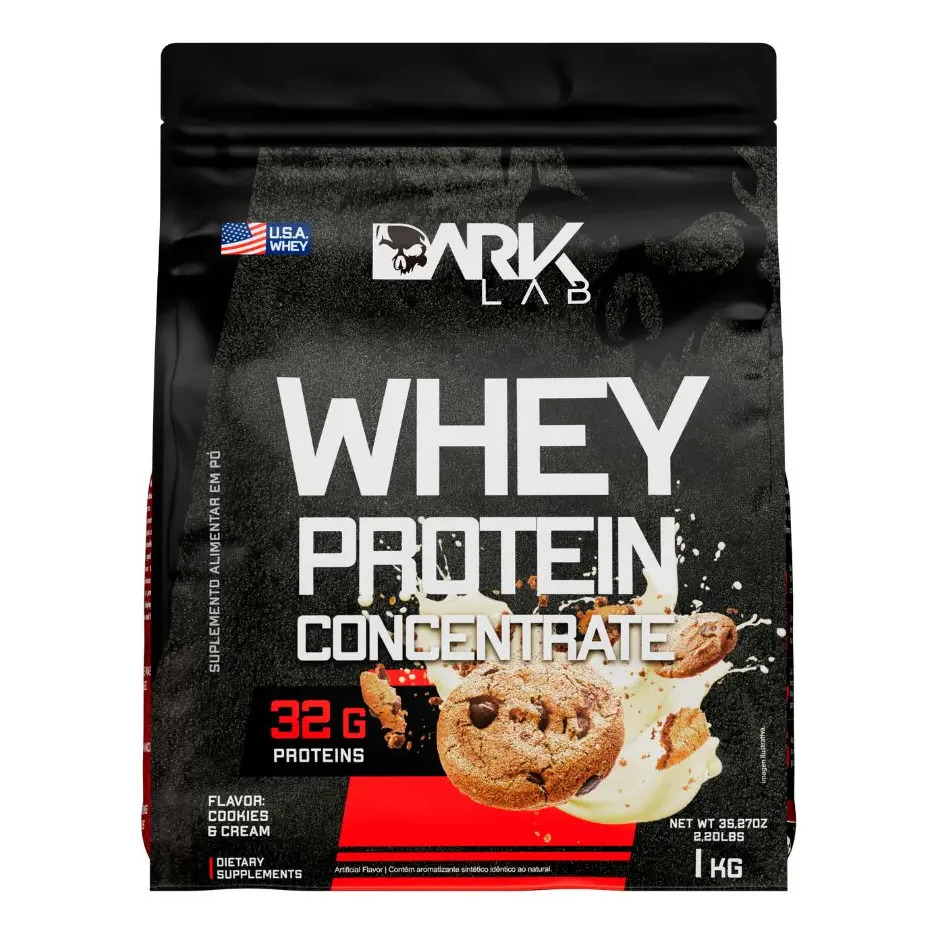Embalagem preta de 1kg de Whey Protein Concentrado da marca Dark Lab, sabor Cookies & Cream, com imagem de um cookie e respingos de leite.