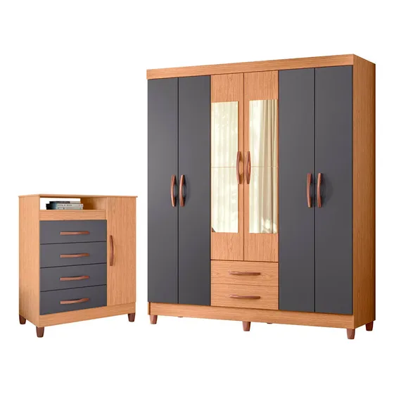 Guarda Roupa Âmbar 6 Portas Com Espelho Cômoda Turquesa