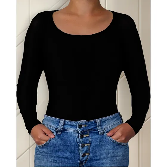 Blusa Body Escotado Escote Redondo Manga Larga Moda Básica