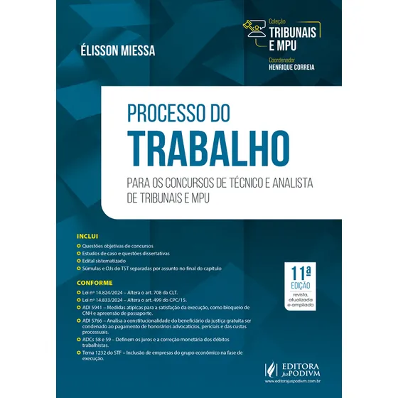 Tribunais E Mpu - Processo Do Trabalho Para Analista  11 Edição 2024 Juspoodivm
