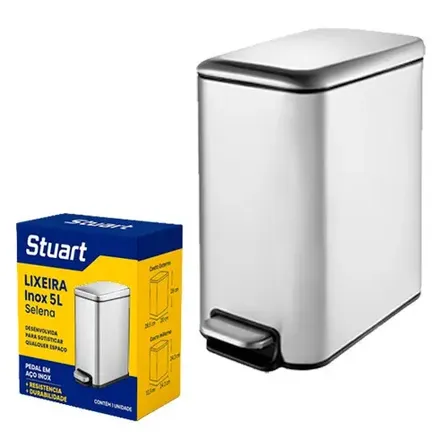 Lixeira Soft Close 5 Litros Selena Lixo Aço Inox Com Pedal Balde Cesto Interno Removível Slim Prateado Tecnologia Não Marca Dedos Para Banheiro Lavabo Cozinha Casa - Stuart