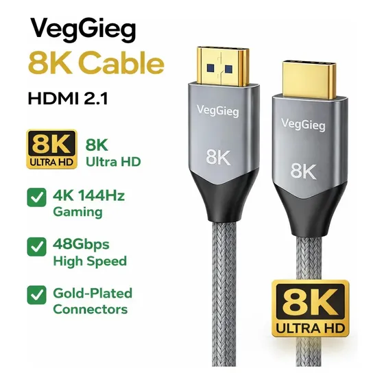 Cable HDMI 8K 60Hz 4K 120Hz VegGieg Reforzado Oro AWG 28 Negro HDR ARC Dolby True HD | Cuotas sin interés