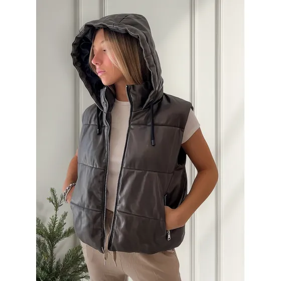 Chaleco Puffer Ecocuero Mujer Capucha Abrigado Importado