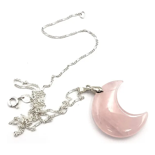 Collar Cuarzo Rosa Tallado Manual Media Luna Cadena De Plata