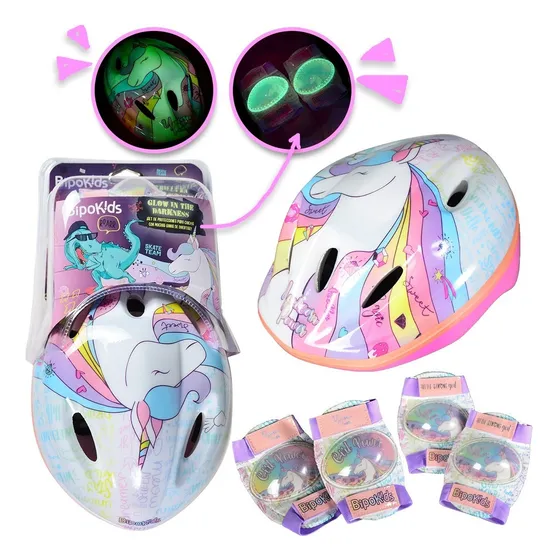 Combo Casco Set Protecciones Nena Rodillera Codera Unicornio