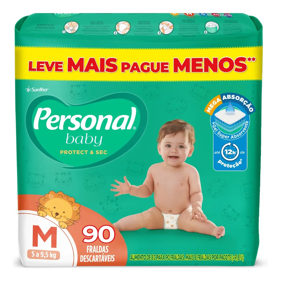 Fralda Infantil Baby Protect & Sec 90 Uni Tamanho M Personal Médio (m) Sem Gênero