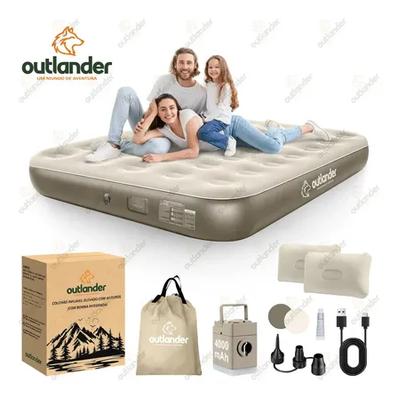 Colchão Inflável Casal Queen Com Bomba Elétrica Recarregável Bateria de Lítio Luz LED 202x152x26cm Outlander Bege
