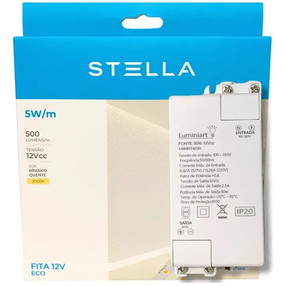 Fita De Led 3000k Branco Quente Stella 5w/m 12v + Fonte 30w Inclusa 127/220v Sancas Perfis Móveis
