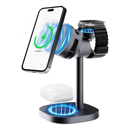 Carregador Sem Fio 3 Em 1 Com Refrigeração Ativa Por Ventilador, Certificação Qi2.2 E 25w, Suporte De Mesa Para iPhone 17/16/15/14/13/12/11 Preto