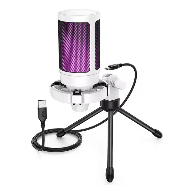 Microfone Gamer Condensador Fifine A2 Rgb Usb Branco