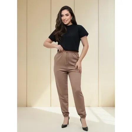 Calça Jogger Feminina Cós Alto Bolsos Nas Laterais Cordão