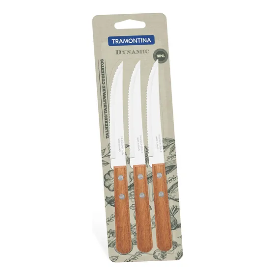 Blister X 3 Cuchillos Mesa Mango Madera Dynamic Tramontina