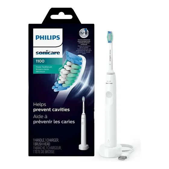 Cepillo de Dientes Eléctrico Philips Sonicare 1100 Blanco Recargable con Tecnología Sónica Temporizador SmarTimer QuadPacer EasyStart Batería de Larga Duración para Limpieza Bucal Diaria