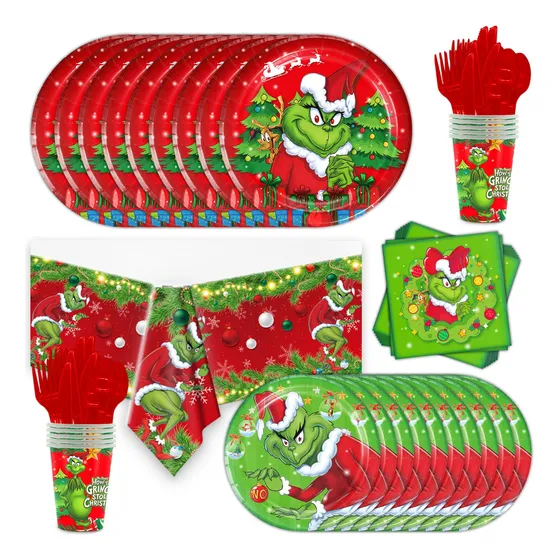 Set Fiesta Grinch Navidad Platos Vaso Mantel 30 Pax 243 Pzas