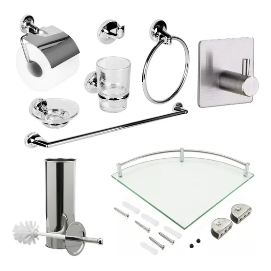 Set Accesorios Baño Completo Ducha Acero Inox Vidrio Toalla Toallero Esquinero Vidrio Cepillo Inodoro jabonera porta rollo Color plateado