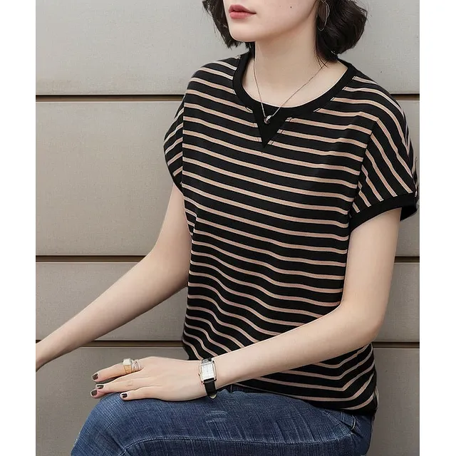 Playera De Verano 2023 Para Mujer De Manga Corta A Rayas, Nu