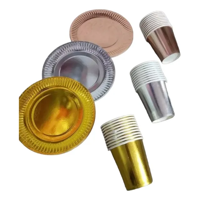 Set Platos + Vasos Cartón Para Fiesta × 10 Oro Rosa Y Plata.